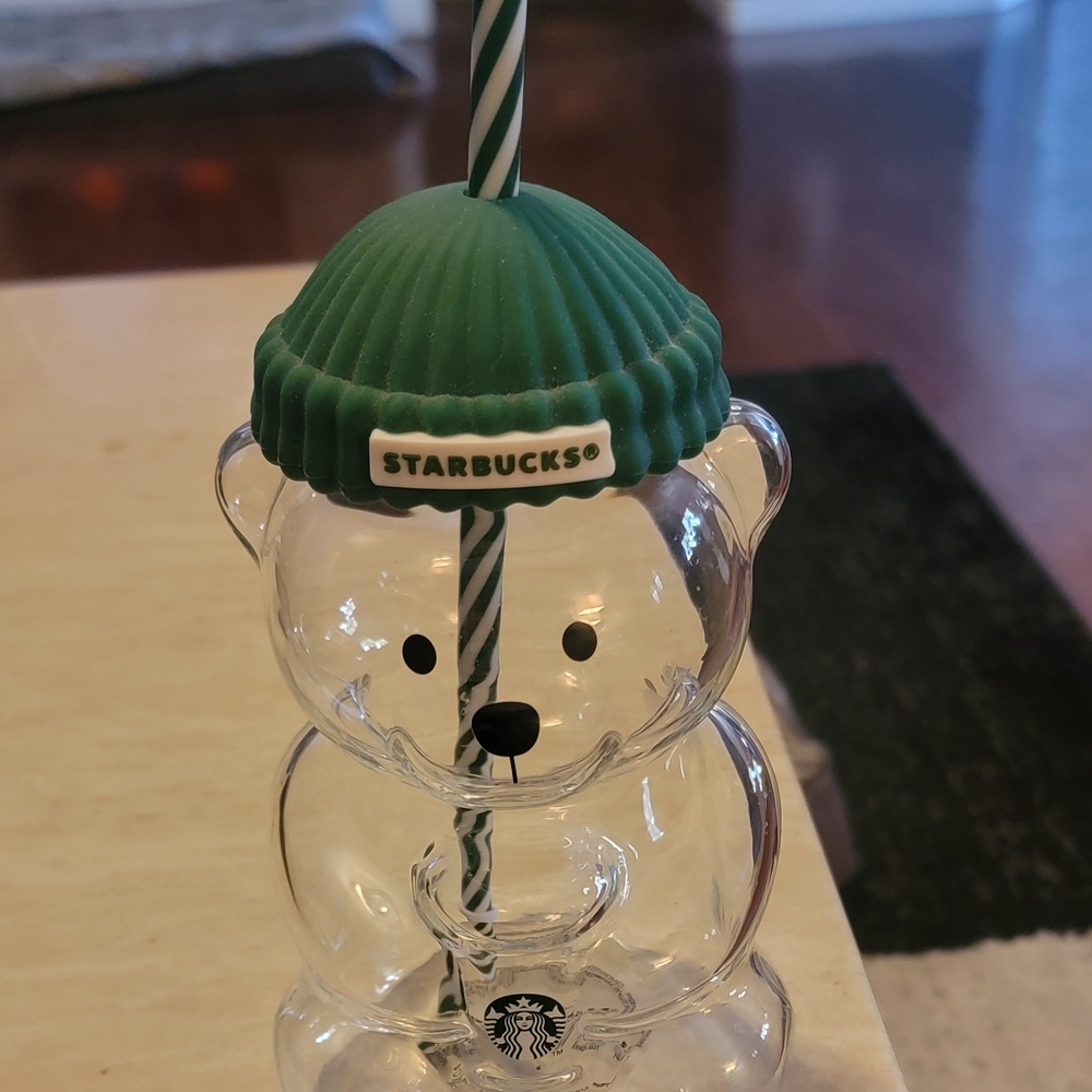 Starbucks Clear Bear Cup with Green Lid and Straw